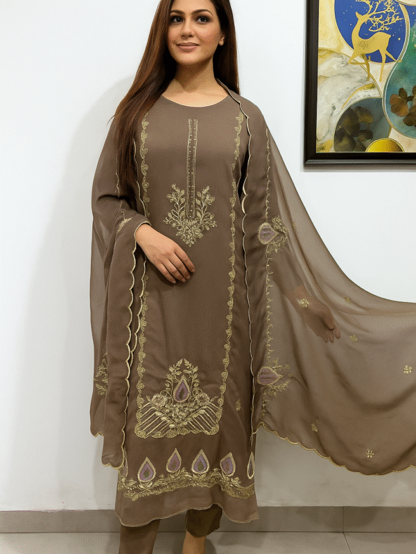 Elegant Brown Embroidered Suit Set