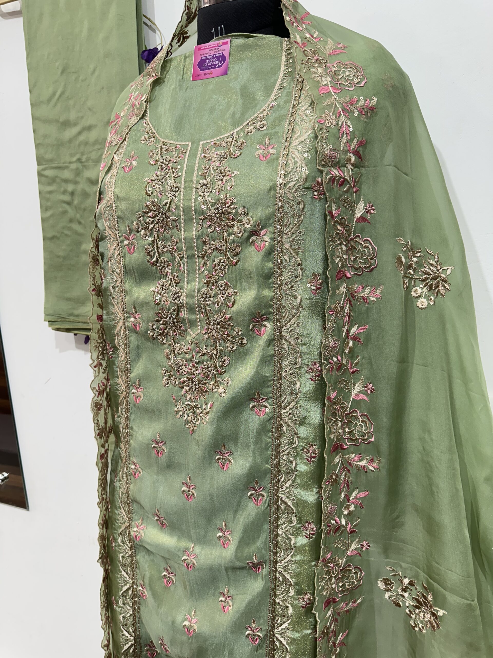 Pastel Green Shimmer Suit - Image 3